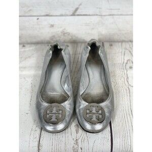 Tory Burch Reva Metallic Silver Leather Ballet Flat Women’s Size 8